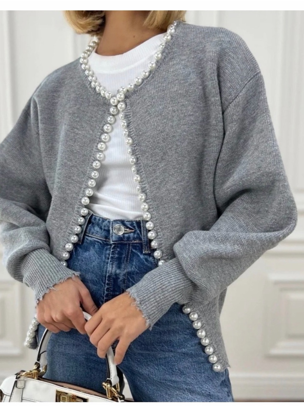 Vita Grace Gray Pearl Trim Oversized Cardigan Sweater Distressed Hem
